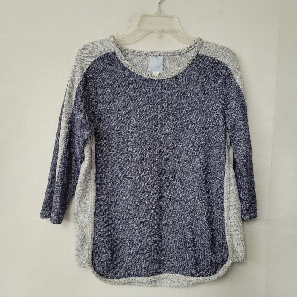 Sunday Pullover Top Womens Medium Knit Sweater Gray Blue 3/4 Sleeve French Terry
